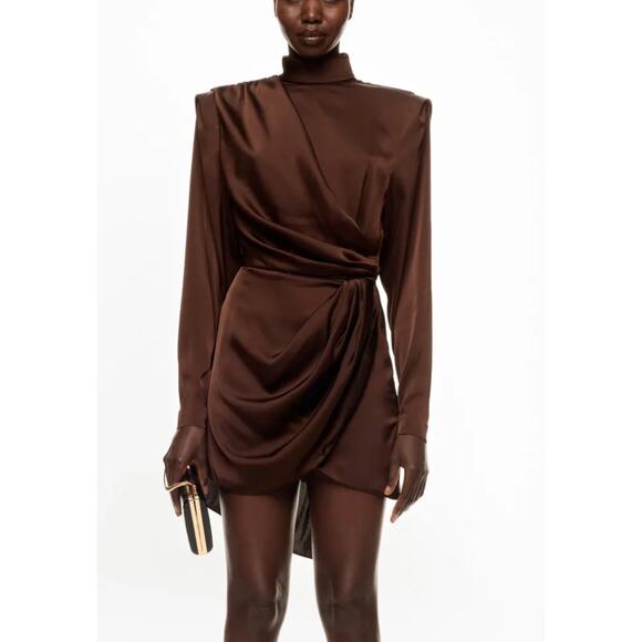 Ronny Kobo Brown Ruched Satin Mockneck Mini Dress XL Cocktail Chic Designer $600 - Picture 1 of 11